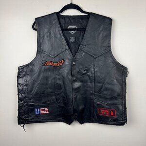 Diamond Plate Black Genuine Buffalo Leather Motorcycle Vest w/ Patches Size 2X